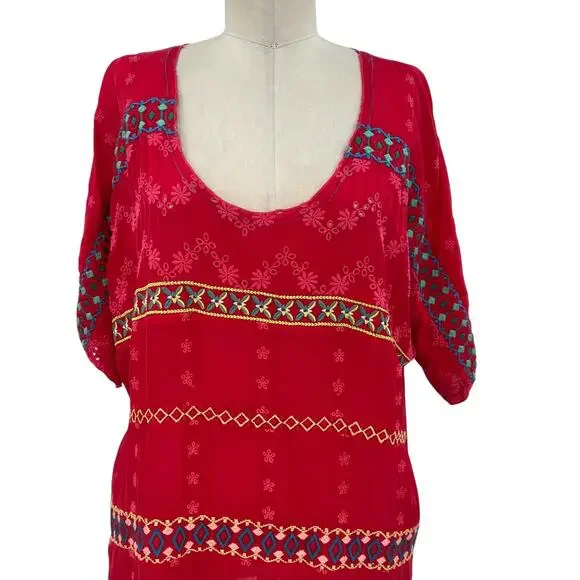 Johnny Was Daisy Eyelet Tunic‎ Top Short Sleeve Embroidered Red Size PL Petites - Picture 2 of 8